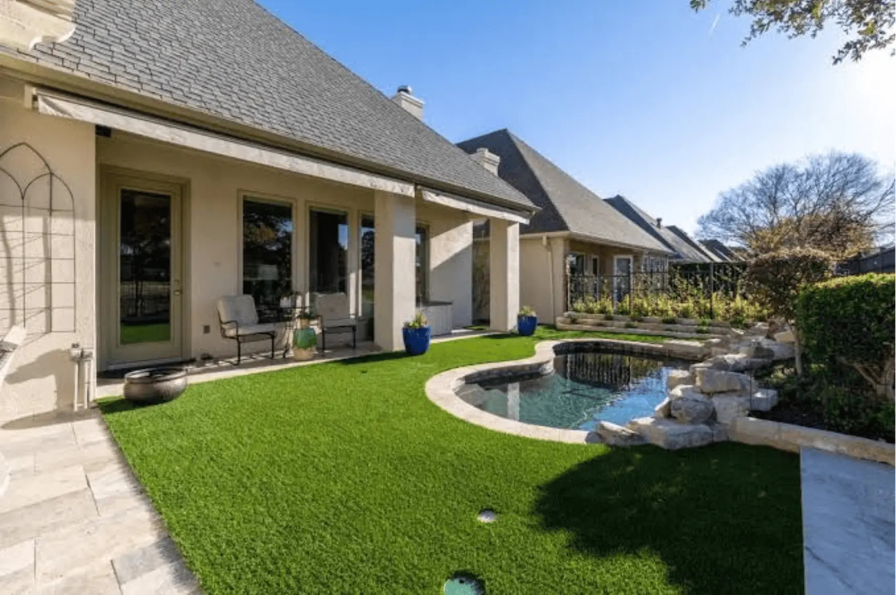 Paver patio hardscape replacing a traditional lawn at a Lubbock TX home Paver patio hardscape replacing a traditional lawn at a Lubbock TX home