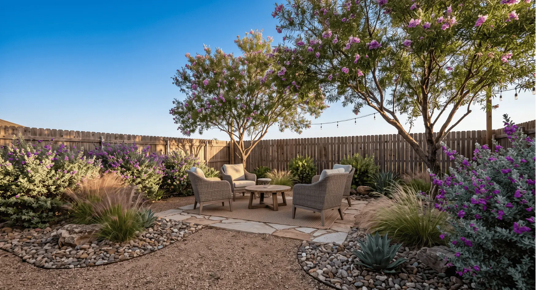 backyard xeriscape design Lubbock TX seating area drought-tolerant West Texas outdoor livingatio