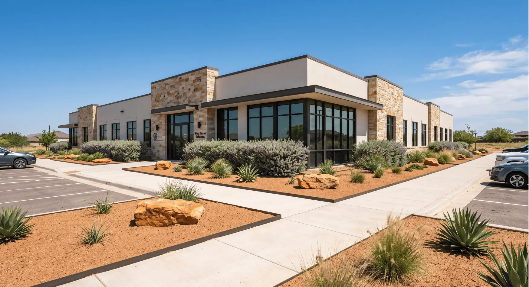commercial and HOA xeriscaping Lubbock TX office property drought-tolerant landscape water reduction garden wall