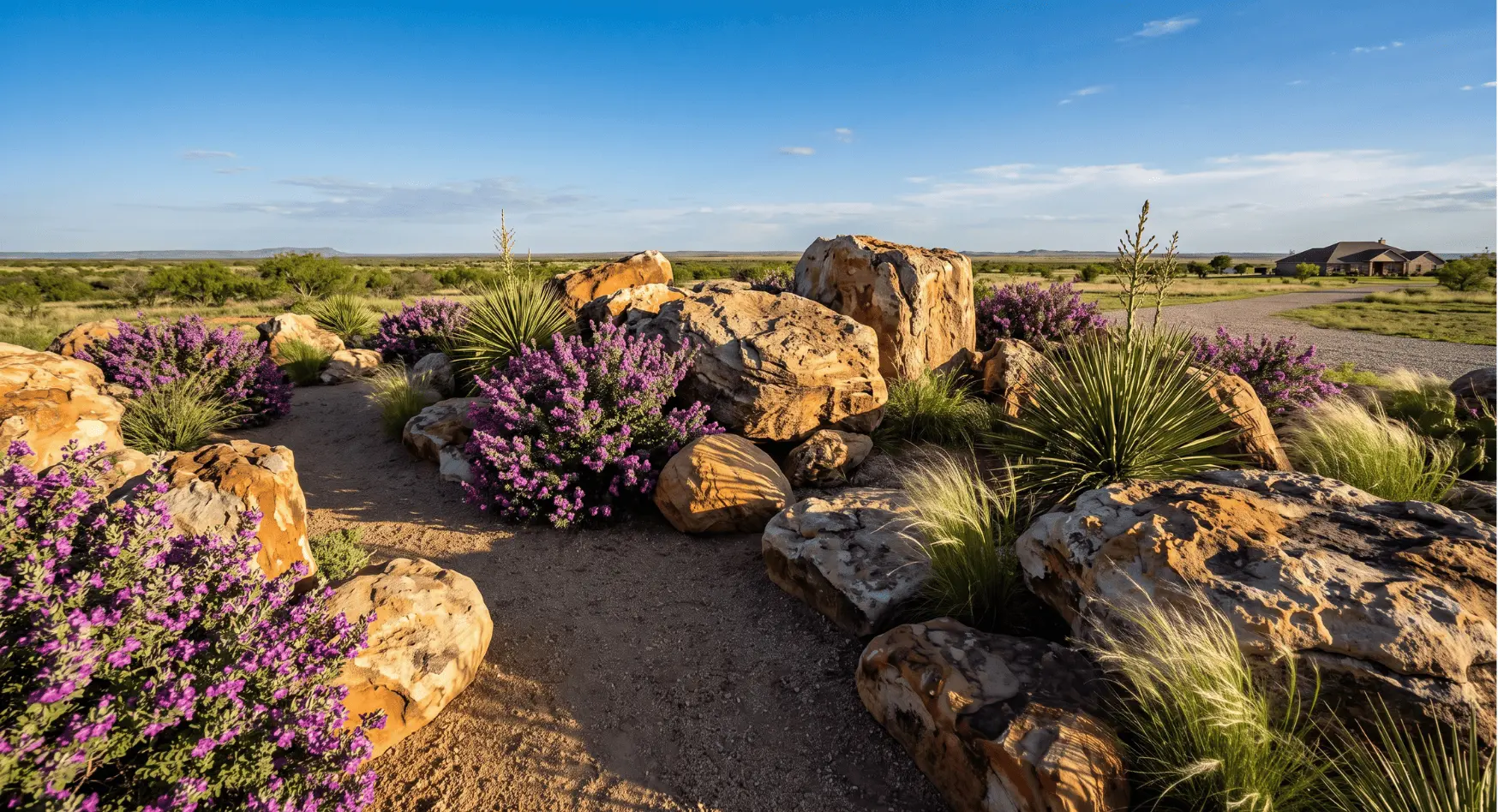 decorative stone and boulders xeriscape Lubbock TX sandstone caliche rock landscape Hubcity Landscaping TX