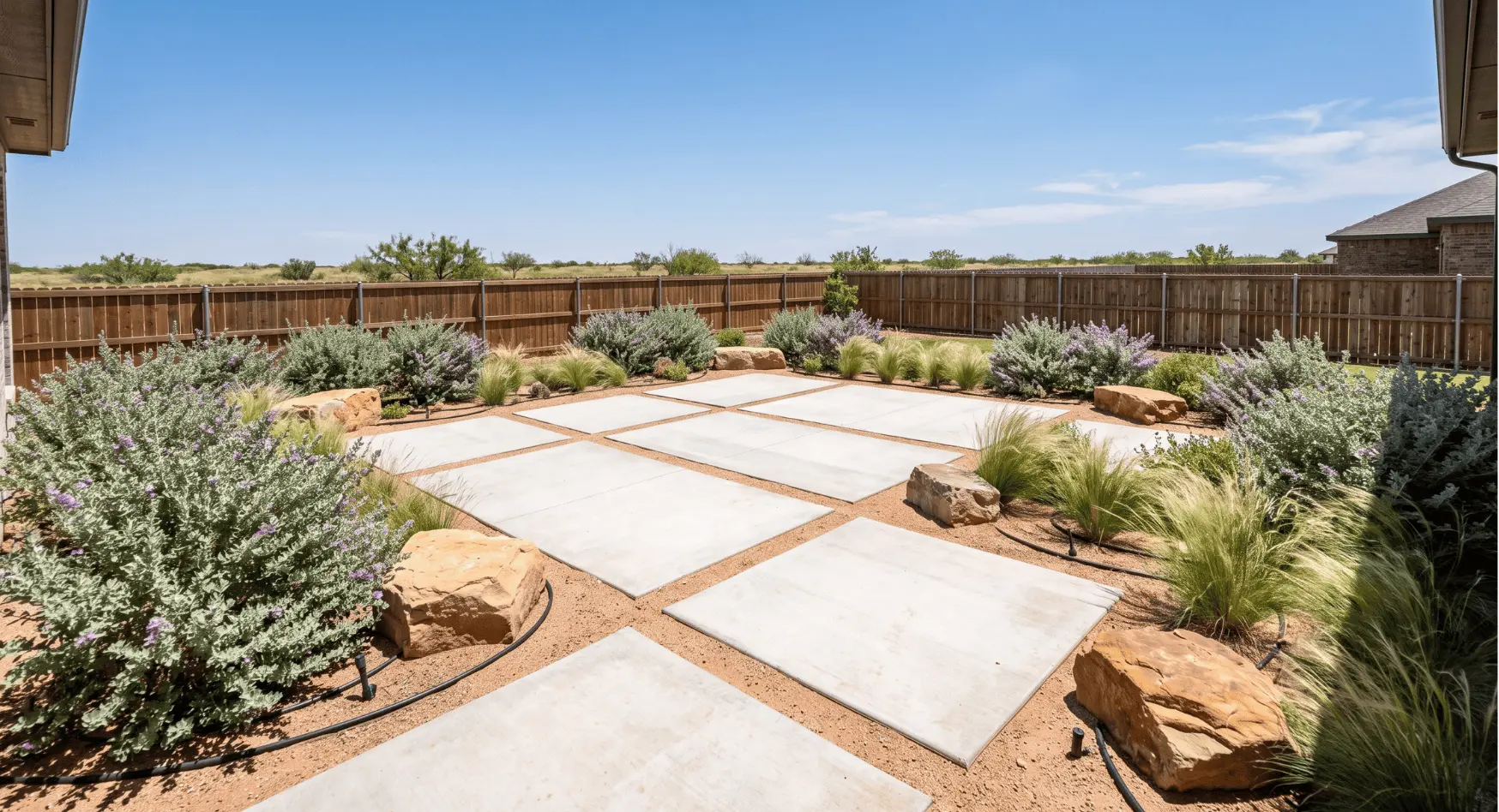 full lawn to the conversion Lubbock TX hardscape combined patio native plants caliche soilard