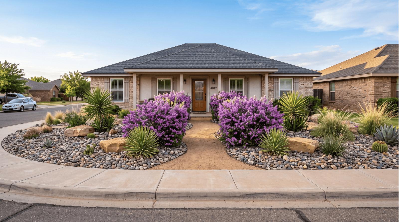 residential front yard xeriscaping Lubbock TX curb appeal drought-tolerant native plants Hubcity Landscapingbbock TX