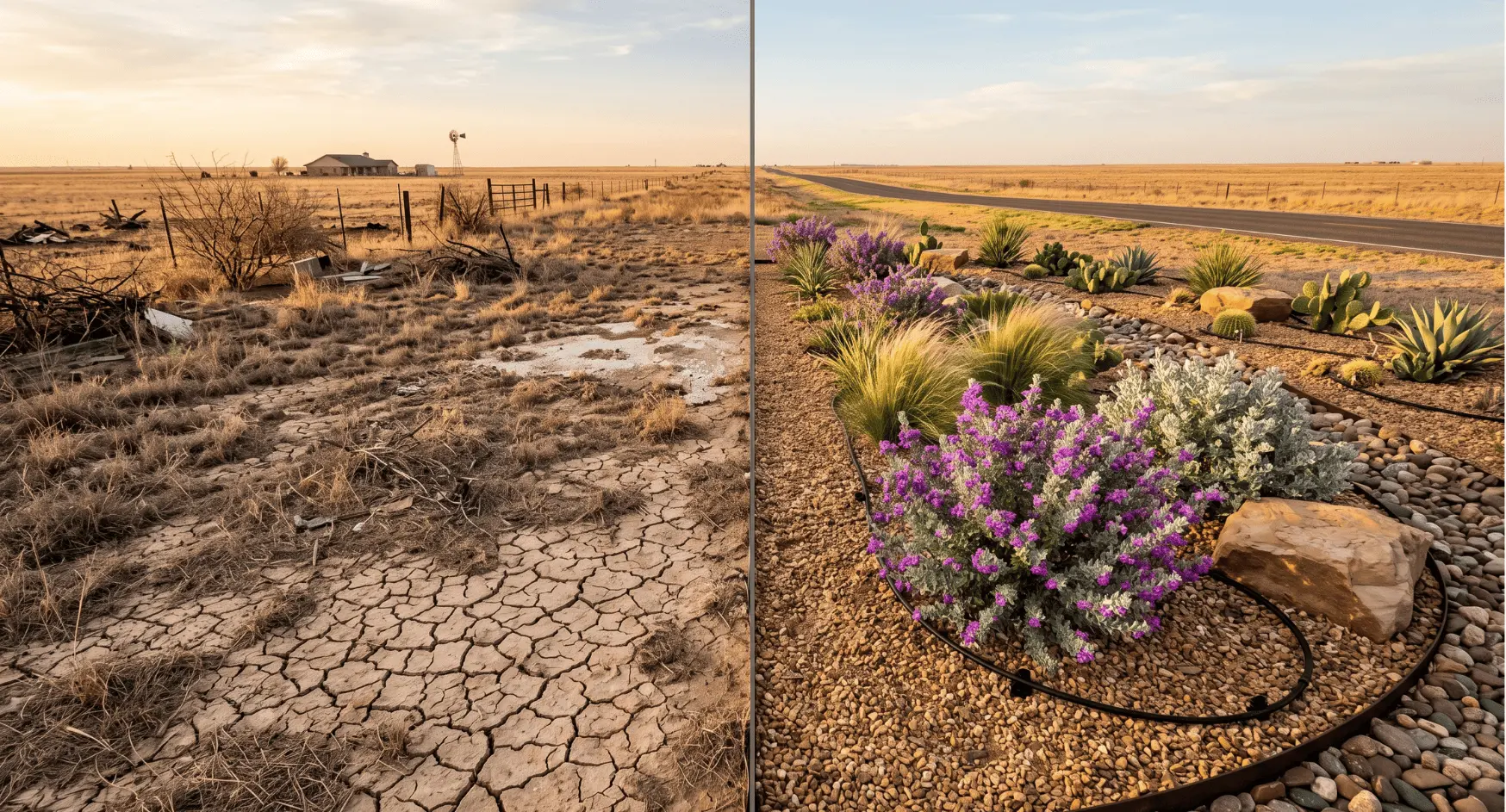 Paver patio xeriscape replacing a traditional lawn at a Lubbock TX home why xeriscaping works in Lubbock TX clay caliche soil drought-tolerant West Texas landscape conditions